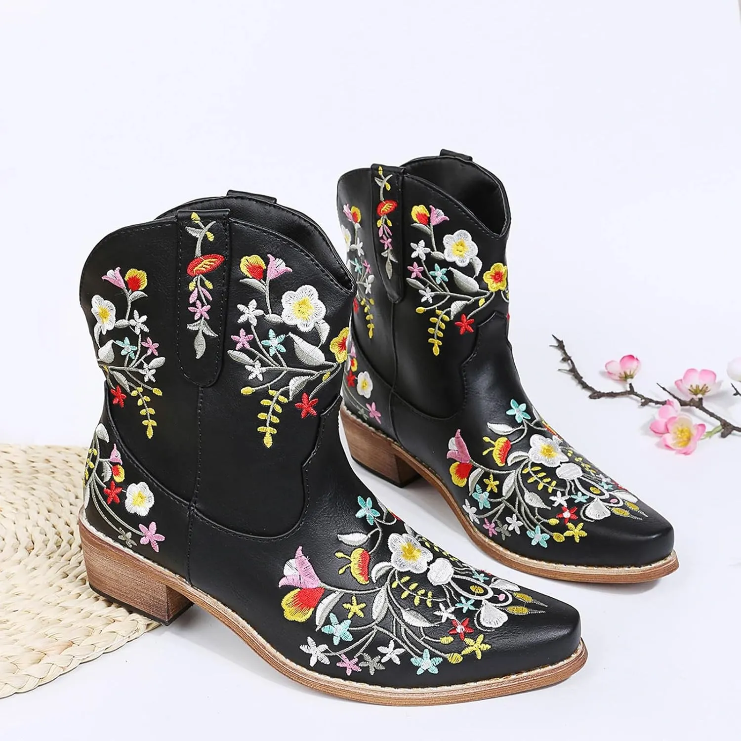Cathalem Boots for Women, Women Flower Embroidered Ankle Cowgirl Boots Square Toe Western Boots Chunky Heel Pull On Boots