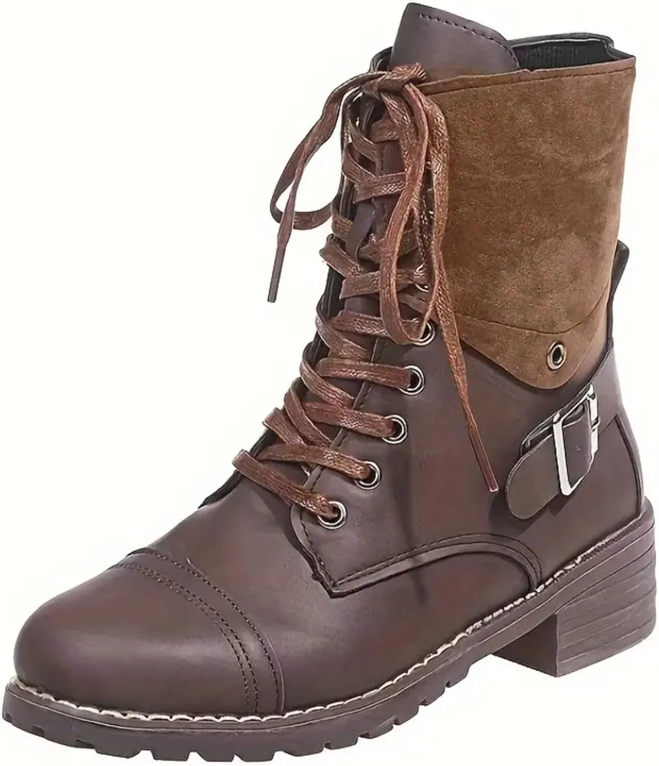 Cathalem Combat Boots for Women Casual Retro Leather Buckle Color Blocking Lace Up Chunky Heel Mid Calf Boots Thermal Boots