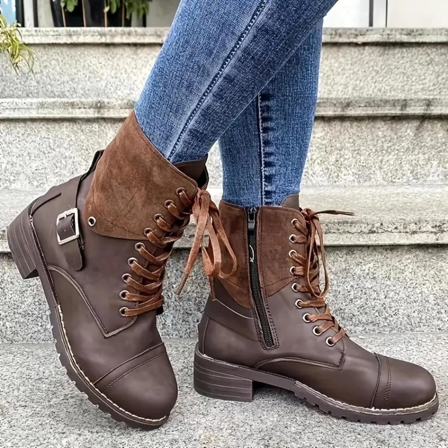 Cathalem Combat Boots for Women Casual Retro Leather Buckle Color Blocking Lace Up Chunky Heel Mid Calf Boots Thermal Boots