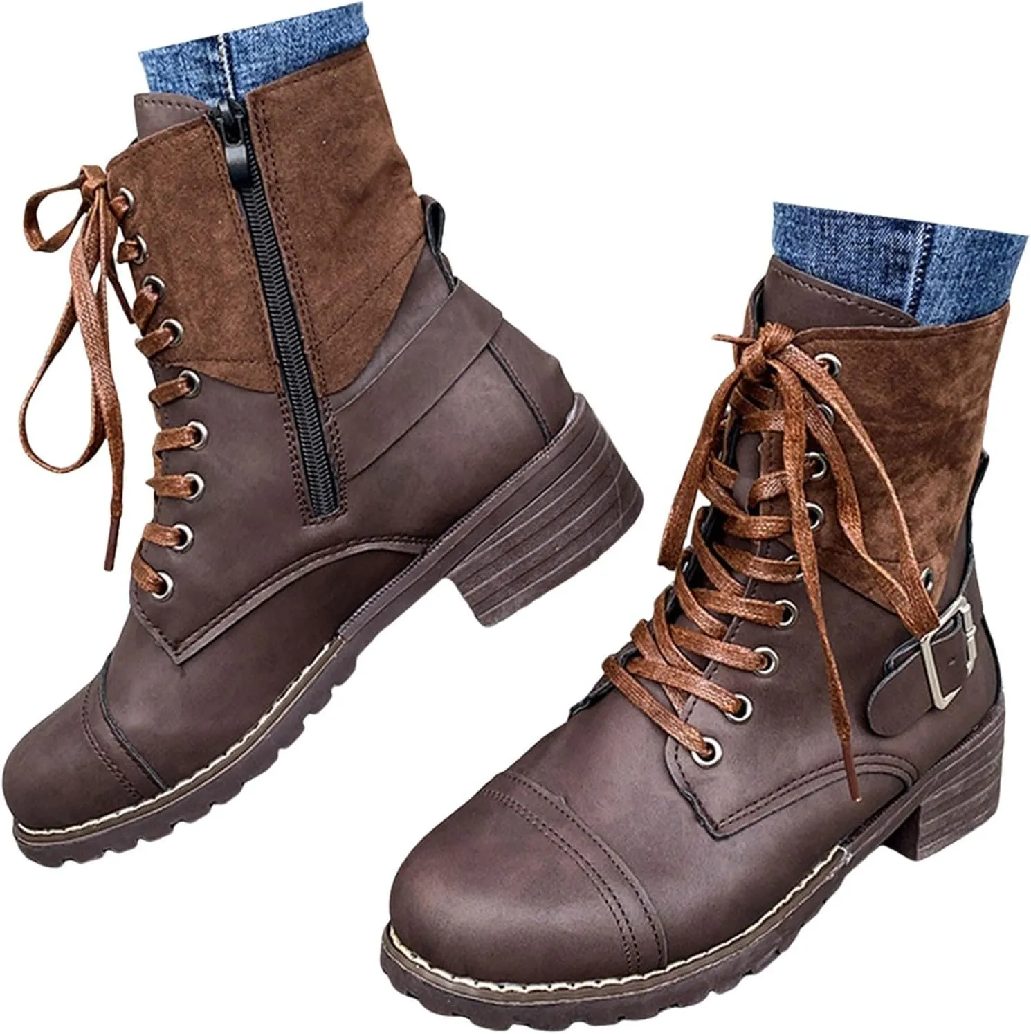 Cathalem Combat Boots for Women Casual Retro Leather Buckle Color Blocking Lace Up Chunky Heel Mid Calf Boots Thermal Boots