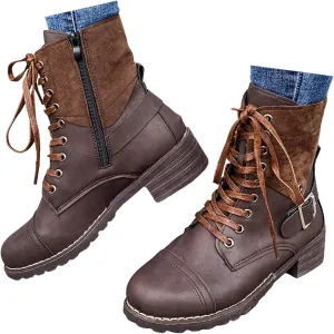 Cathalem Combat Boots for Women Casual Retro Leather Buckle Color Blocking Lace Up Chunky Heel Mid Calf Boots Thermal Boots
