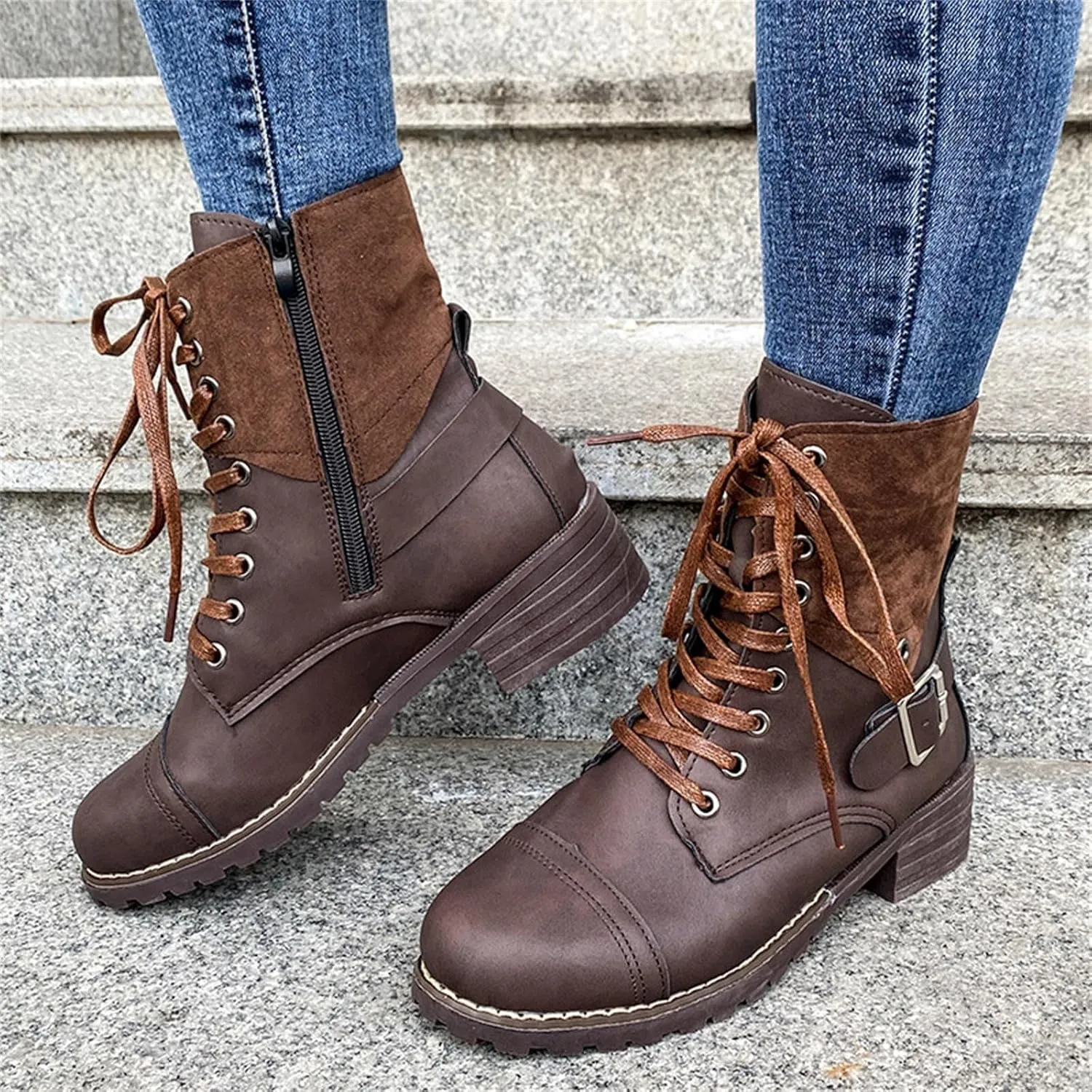 Cathalem Combat Boots for Women Casual Retro Leather Buckle Color Blocking Lace Up Chunky Heel Mid Calf Boots Thermal Boots