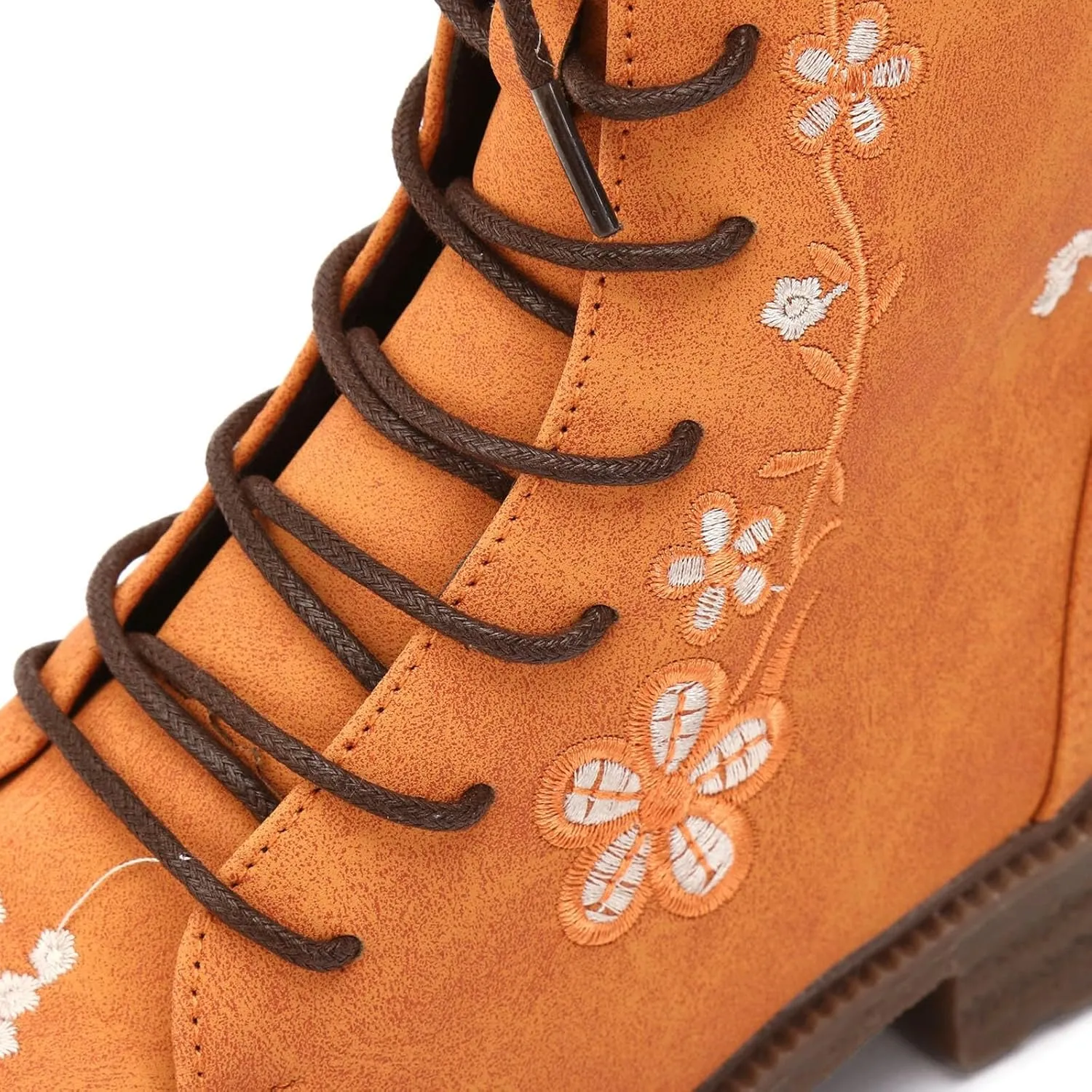 Cathalem Combat Boots For Women Ethnic Vintage Flower Design Lace Up Leather Chunky Block Mid Heels Ankle Booties