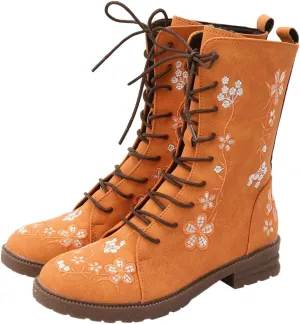 Cathalem Combat Boots For Women Ethnic Vintage Flower Design Lace Up Leather Chunky Block Mid Heels Ankle Booties