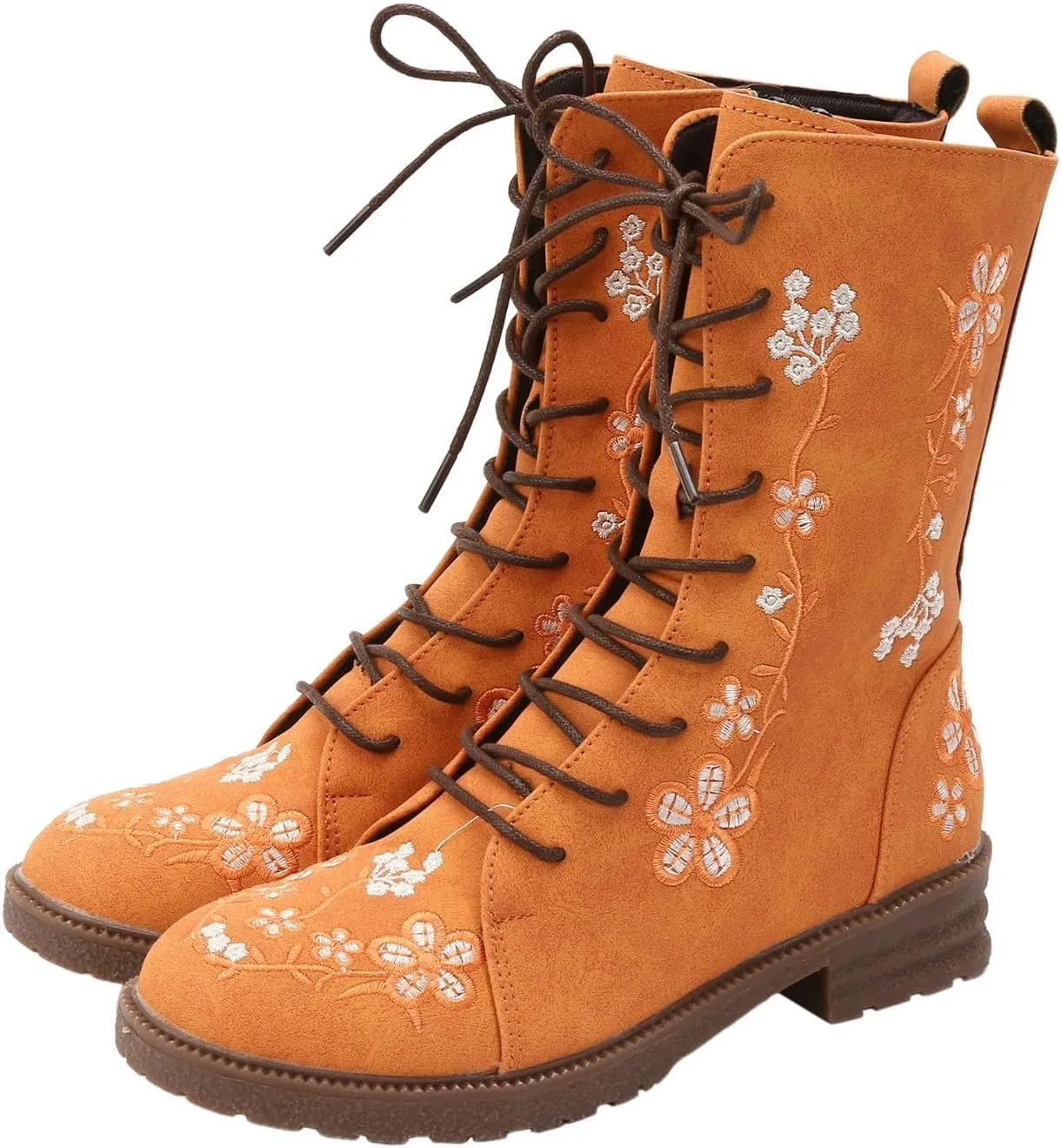 Cathalem Combat Boots For Women Ethnic Vintage Flower Design Lace Up Leather Chunky Block Mid Heels Ankle Booties