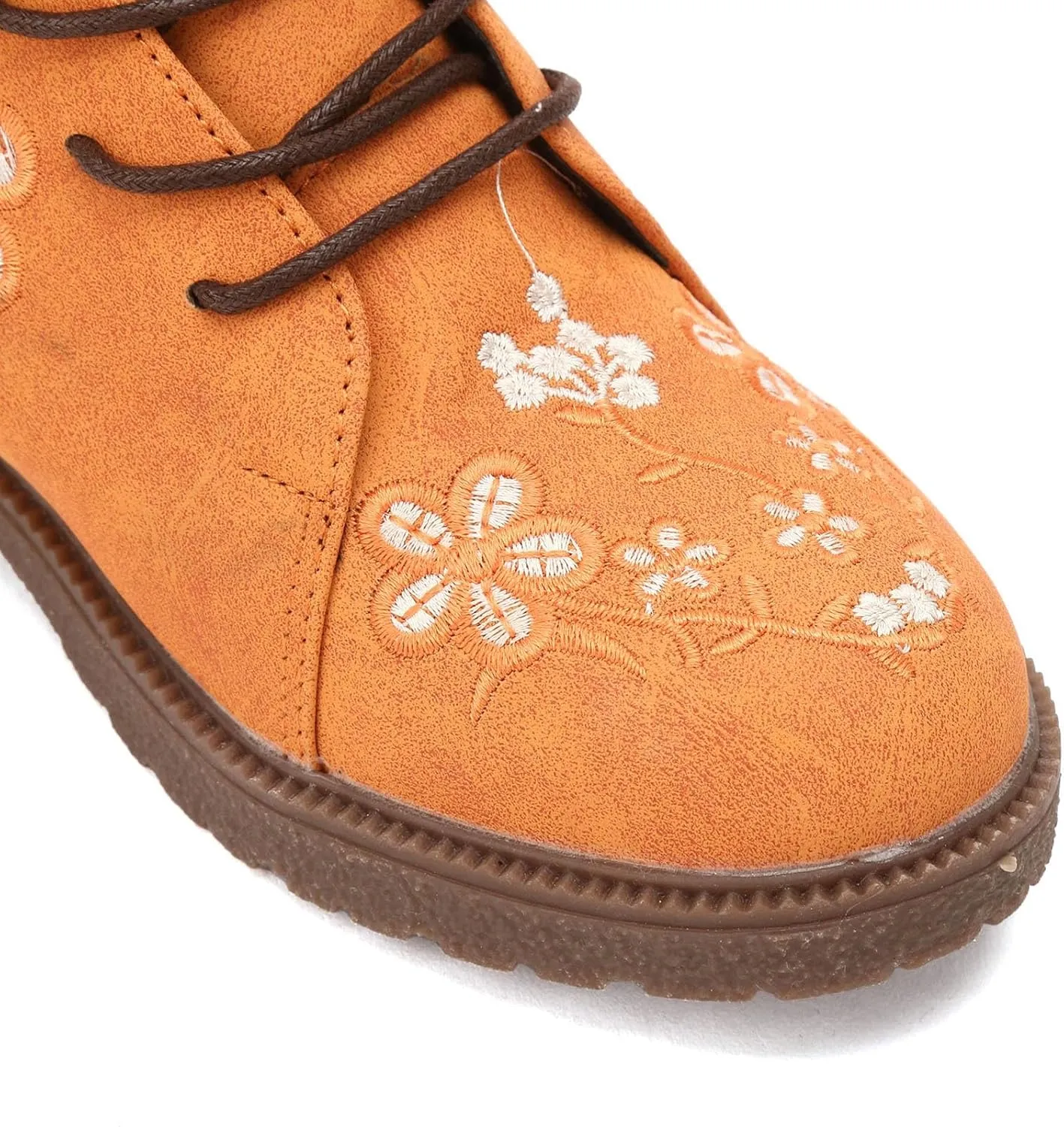 Cathalem Combat Boots For Women Ethnic Vintage Flower Design Lace Up Leather Chunky Block Mid Heels Ankle Booties