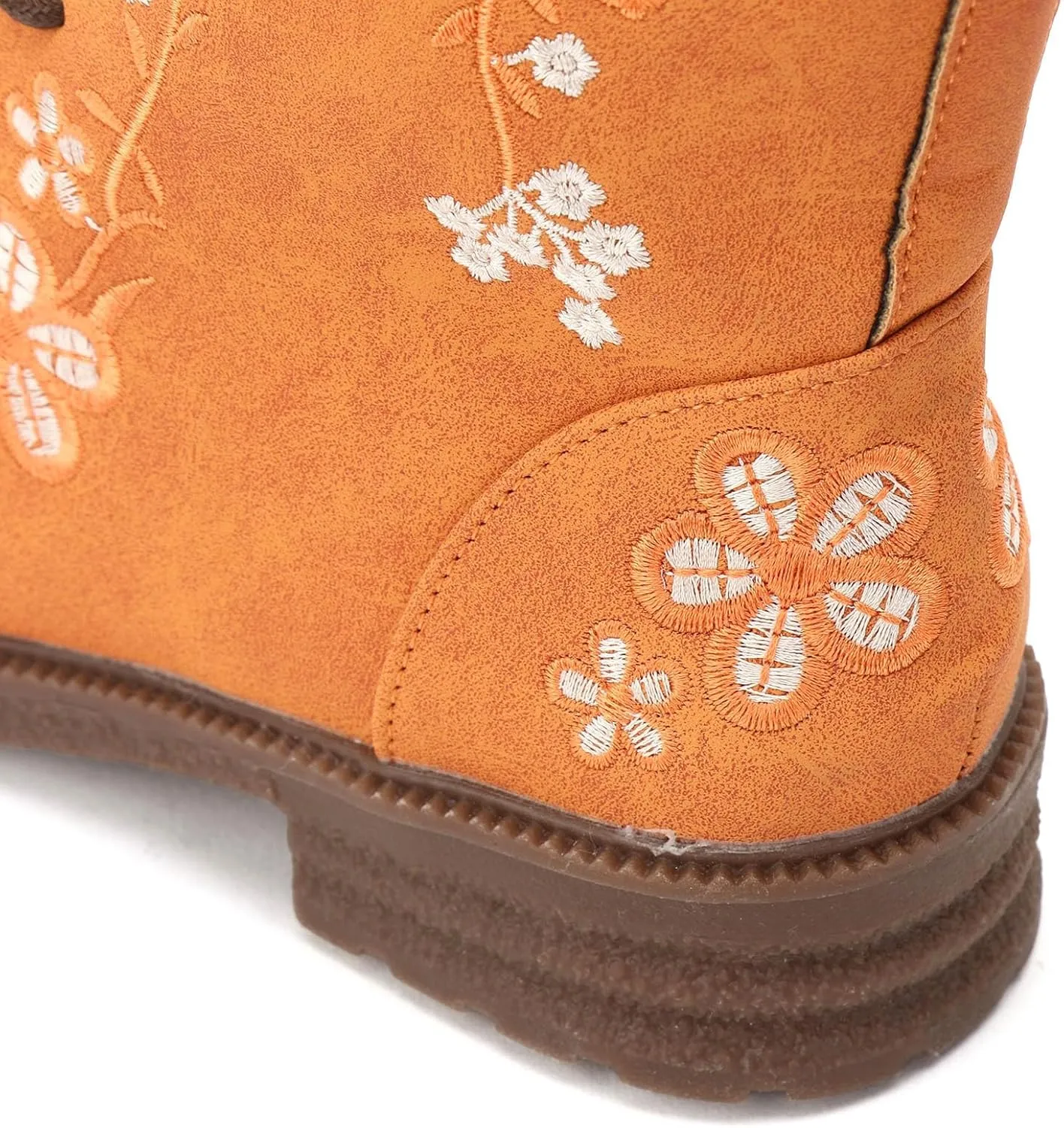 Cathalem Combat Boots For Women Ethnic Vintage Flower Design Lace Up Leather Chunky Block Mid Heels Ankle Booties