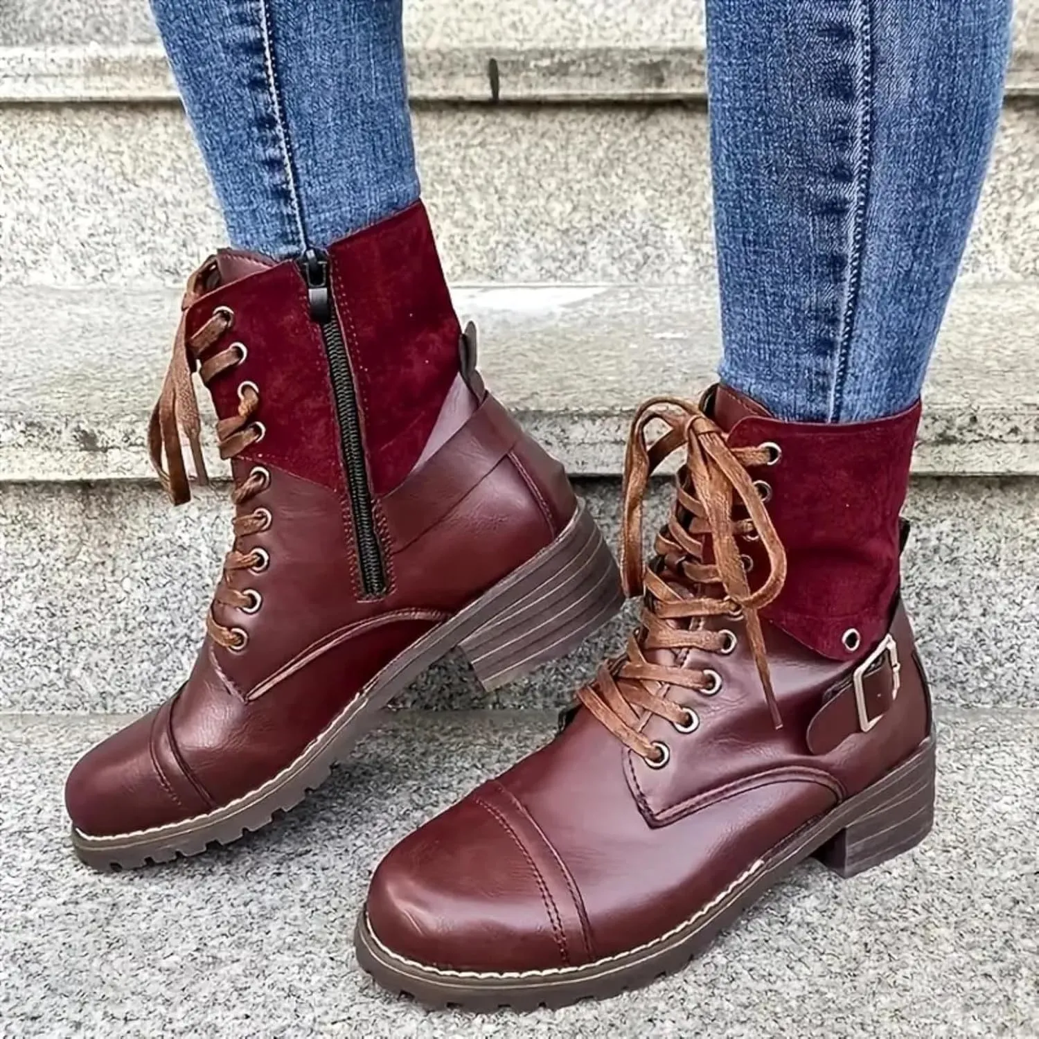 Cathalem Combat Boots for Women Fall And Winter Casual Retro Leather Buckle Blocking Lace Up Chunky Heel Mid Calf Boots