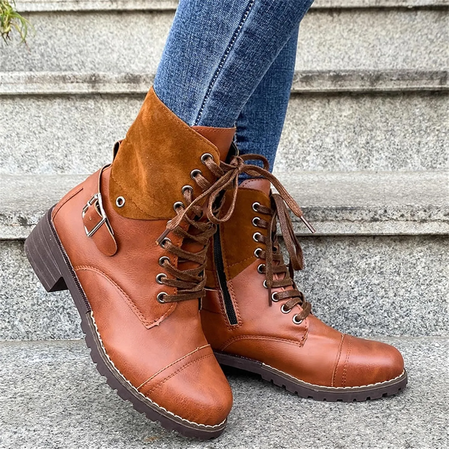 Cathalem Combat Boots for Women Fall And Winter Casual Retro Leather Buckle Blocking Lace Up Chunky Heel Mid Calf Boots