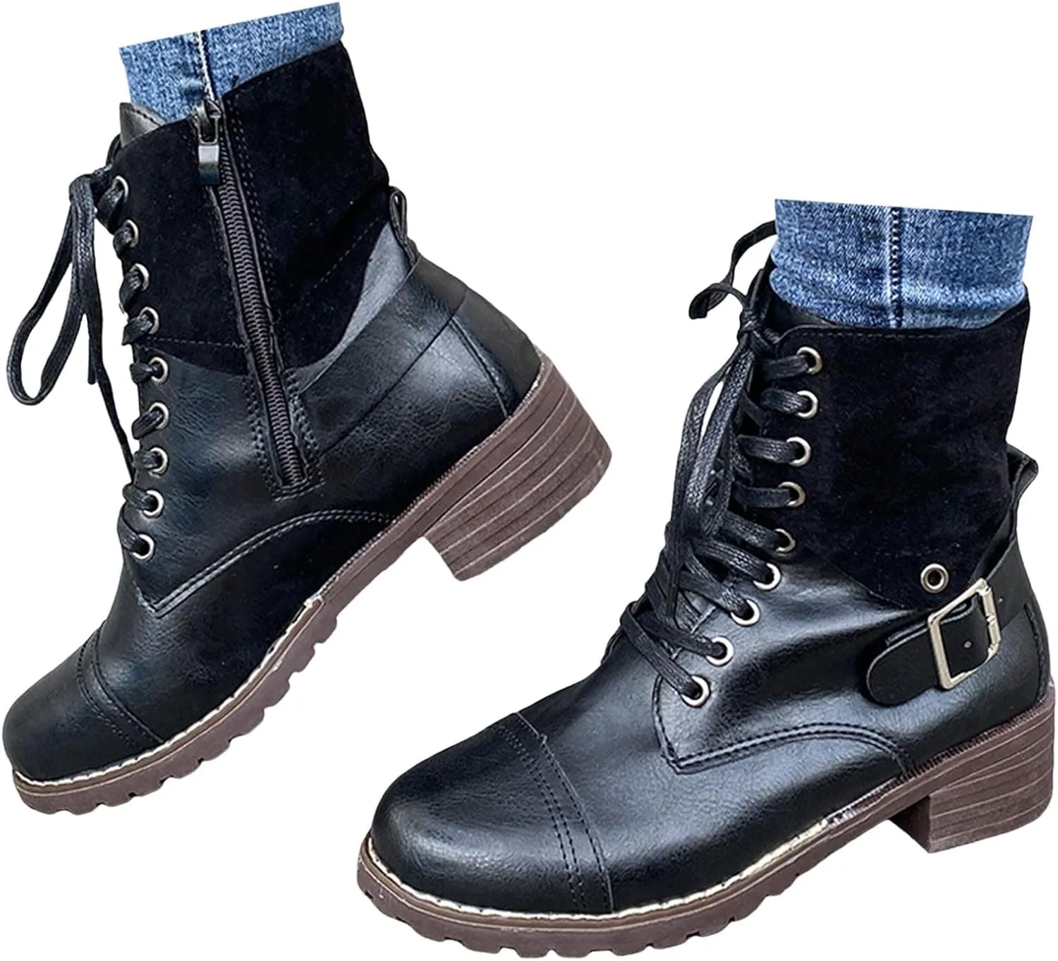 Cathalem Combat Boots for Women Fall And Winter Casual Retro Leather Buckle Blocking Lace Up Chunky Heel Mid Calf Boots