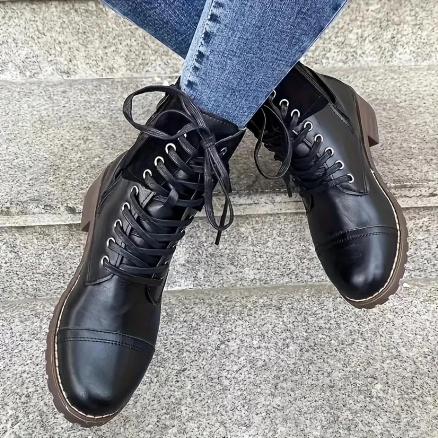 Cathalem Combat Boots for Women Fall And Winter Casual Retro Leather Buckle Blocking Lace Up Chunky Heel Mid Calf Boots