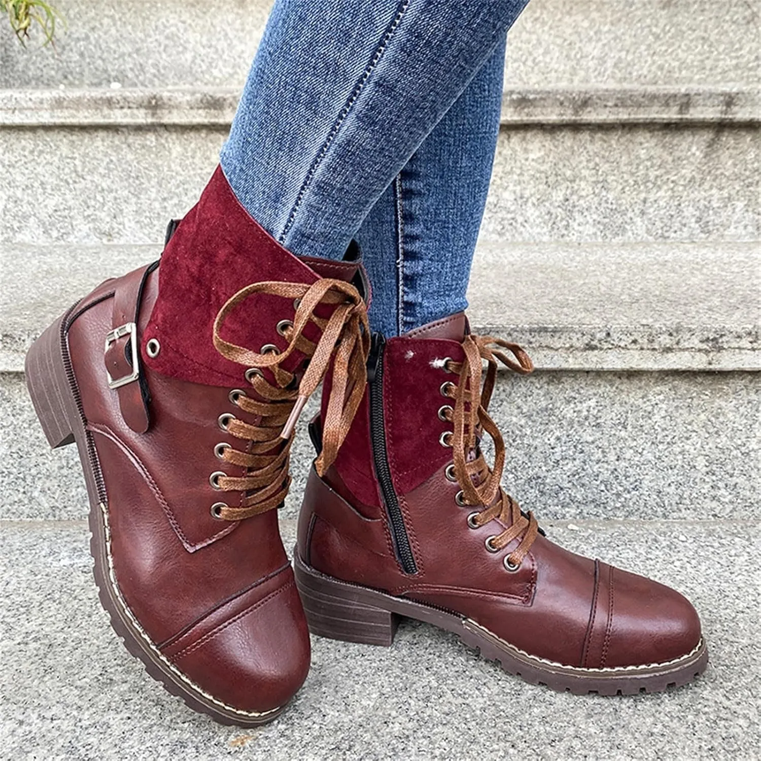 Cathalem Combat Boots for Women Fall And Winter Casual Retro Leather Buckle Blocking Lace Up Chunky Heel Mid Calf Boots