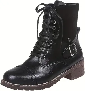Cathalem Combat Boots for Women Fall And Winter Casual Retro Leather Buckle Blocking Lace Up Chunky Heel Mid Calf Boots