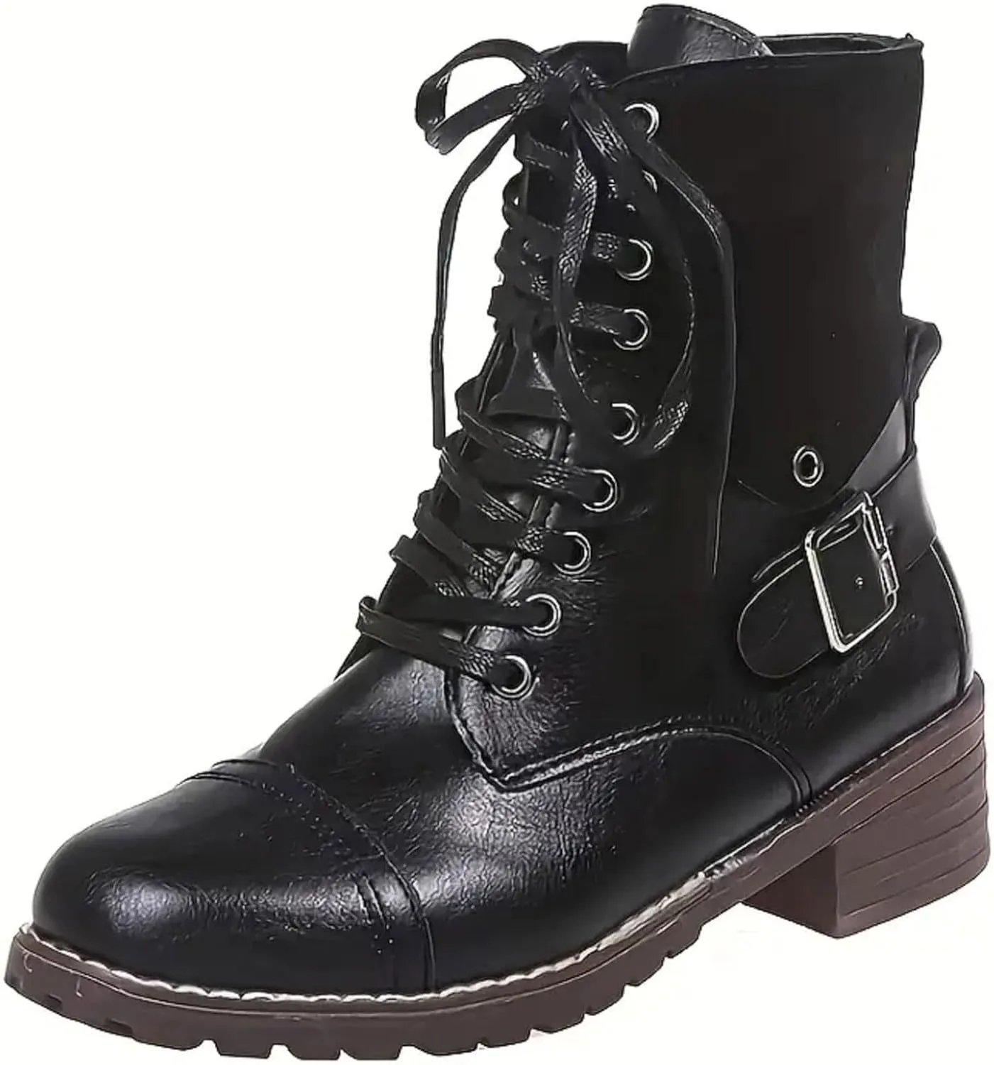Cathalem Combat Boots for Women Fall And Winter Casual Retro Leather Buckle Blocking Lace Up Chunky Heel Mid Calf Boots
