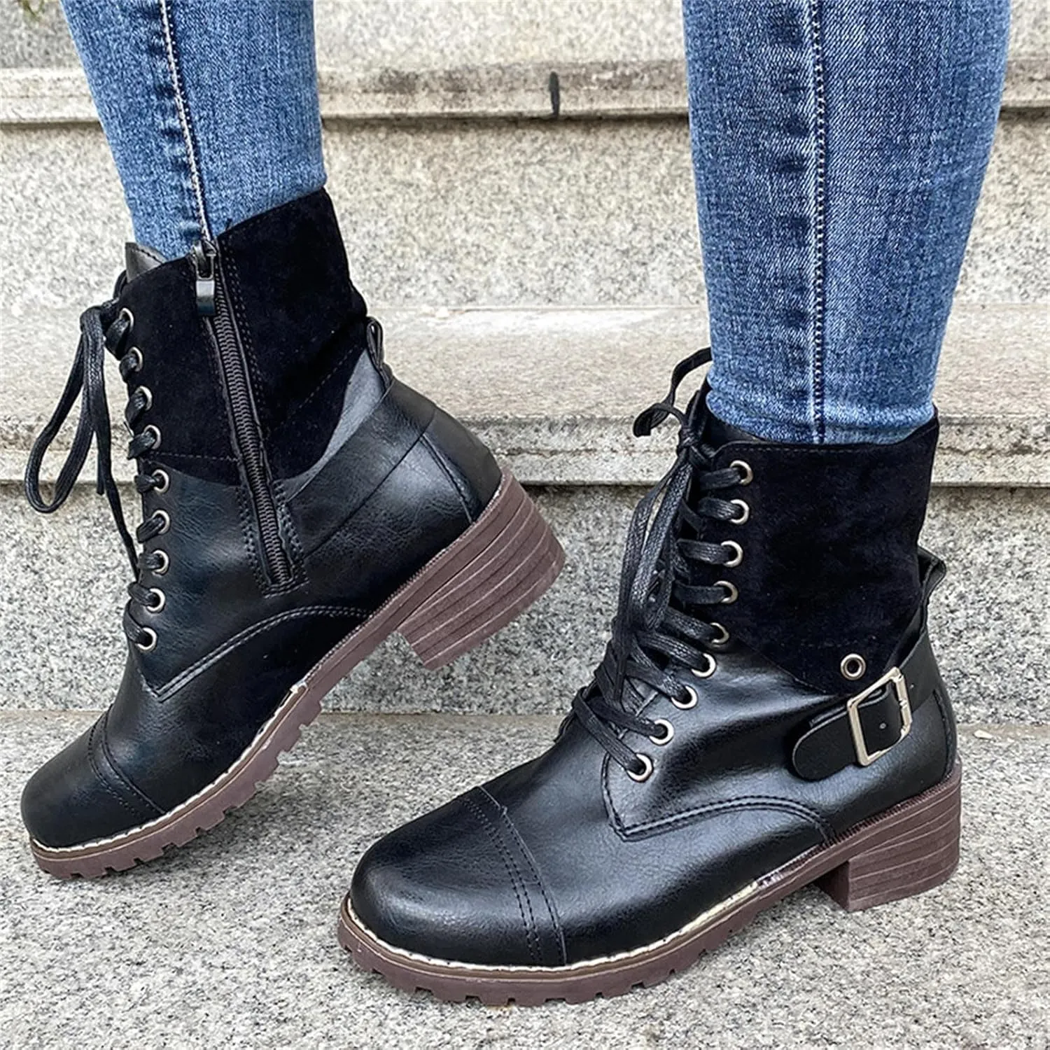 Cathalem Combat Boots for Women Fall And Winter Casual Retro Leather Buckle Blocking Lace Up Chunky Heel Mid Calf Boots