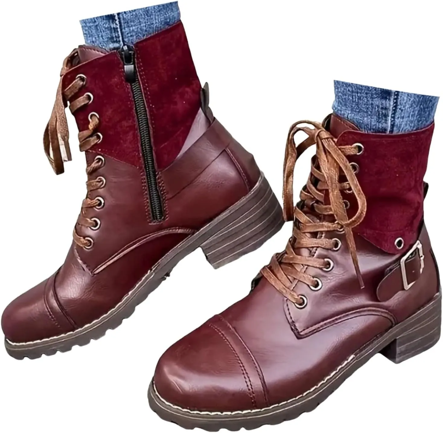 Cathalem Combat Boots for Women Fall And Winter Casual Retro Leather Buckle Blocking Lace Up Chunky Heel Mid Calf Boots