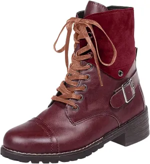 Cathalem Combat Boots for Women Fall And Winter Casual Retro Leather Buckle Blocking Lace Up Chunky Heel Mid Calf Boots