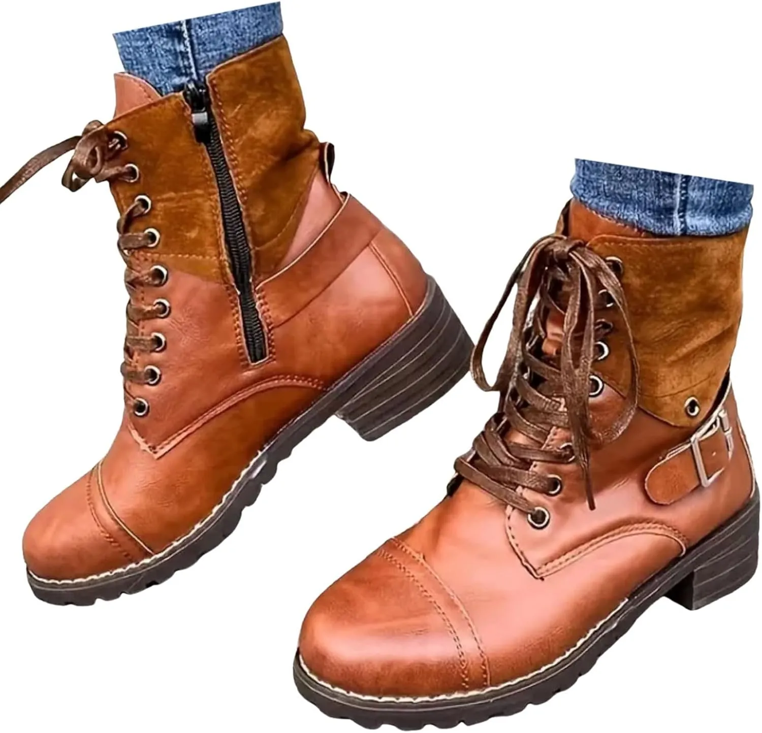 Cathalem Combat Boots for Women Fall And Winter Casual Retro Leather Buckle Blocking Lace Up Chunky Heel Mid Calf Boots