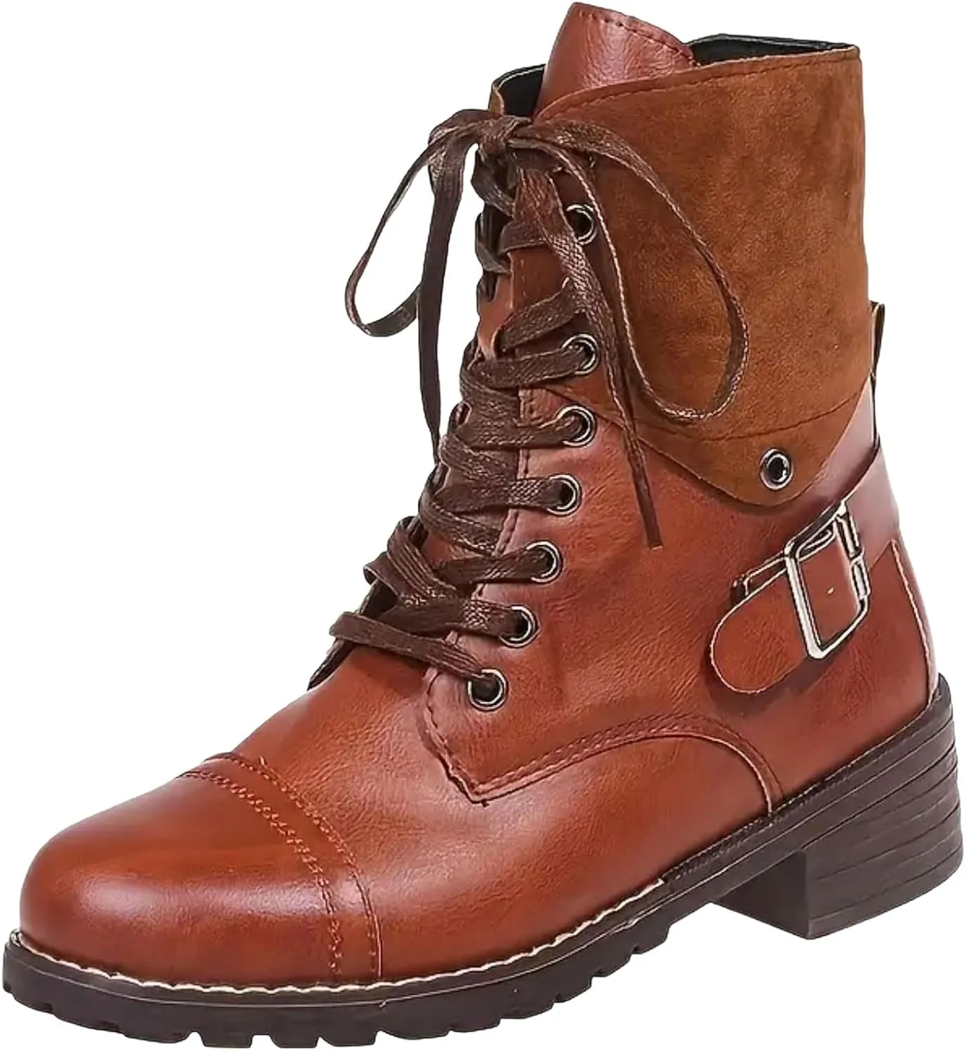 Cathalem Combat Boots for Women Fall And Winter Casual Retro Leather Buckle Blocking Lace Up Chunky Heel Mid Calf Boots
