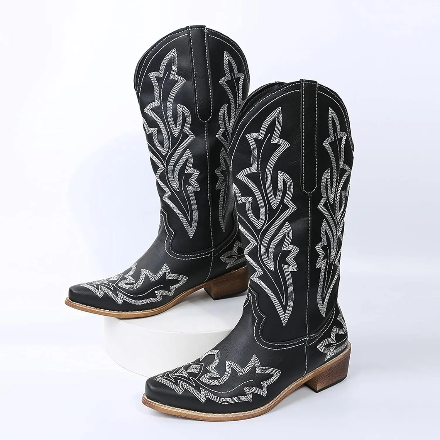 Cathalem Cowboy Boots for Women Cowgirl Boots Square Toe Mid Calf Western Boots Ladies Fashion Boots with Chunky Heel
