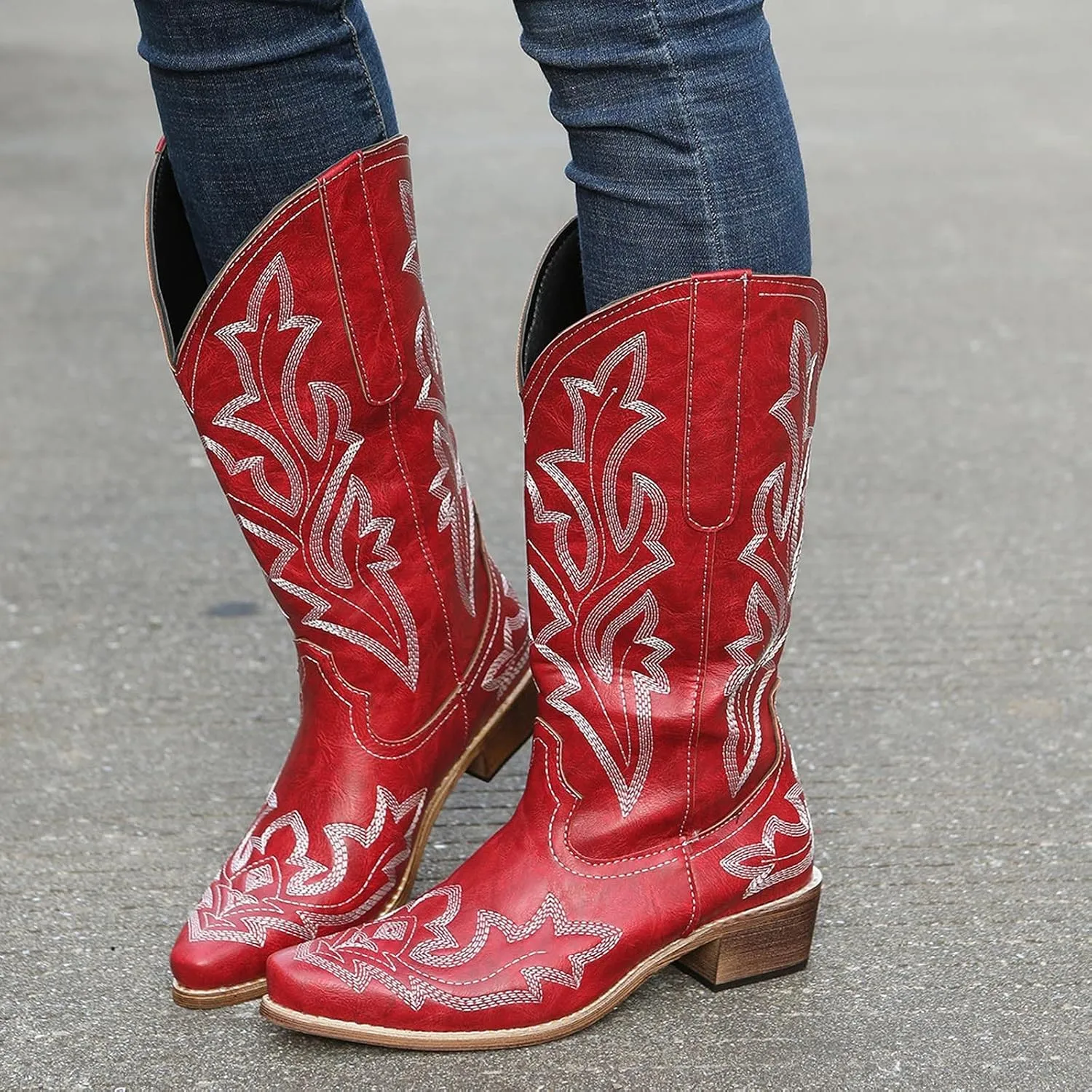 Cathalem Cowboy Boots for Women Cowgirl Boots Square Toe Mid Calf Western Boots Ladies Fashion Boots with Chunky Heel