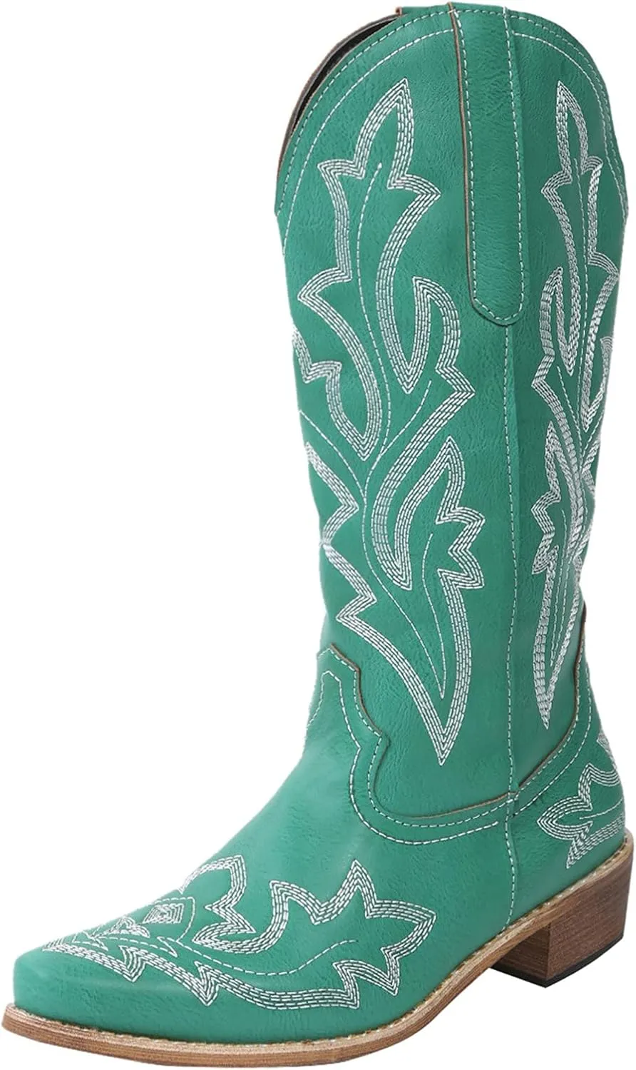 Cathalem Cowboy Boots for Women Cowgirl Boots Square Toe Mid Calf Western Boots Ladies Fashion Boots with Chunky Heel