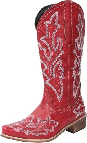 Cathalem Cowboy Boots for Women Cowgirl Boots Square Toe Mid Calf Western Boots Ladies Fashion Boots with Chunky Heel