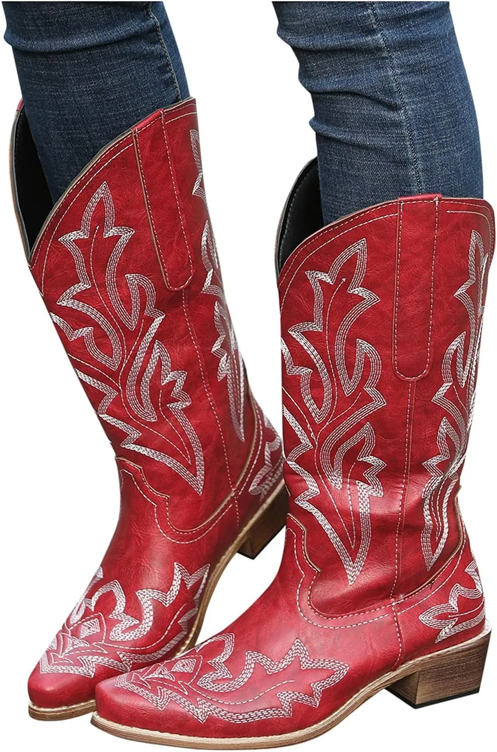Cathalem Cowboy Boots for Women Cowgirl Boots Square Toe Mid Calf Western Boots Ladies Fashion Boots with Chunky Heel