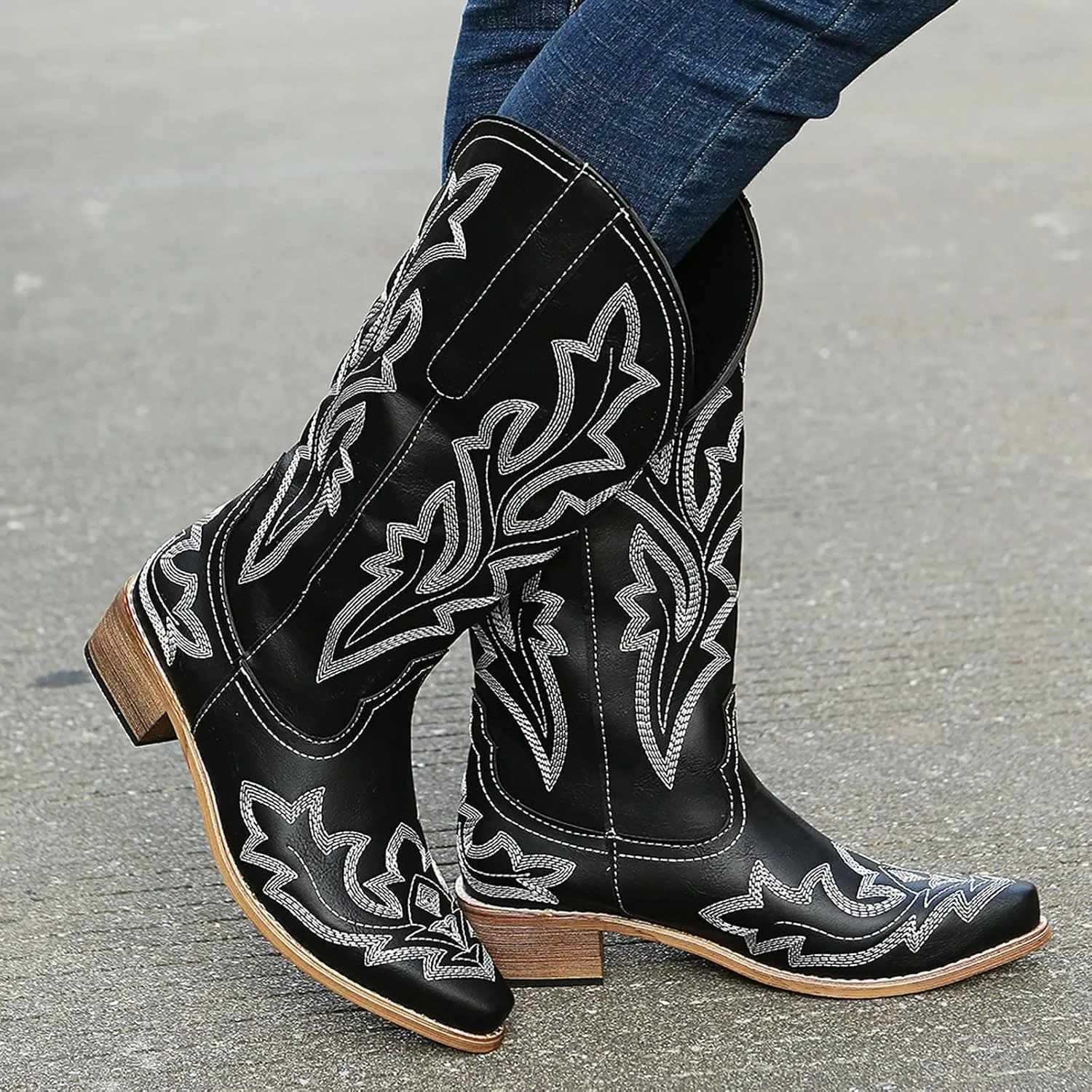 Cathalem Cowboy Boots for Women Cowgirl Boots Square Toe Mid Calf Western Boots Ladies Fashion Boots with Chunky Heel