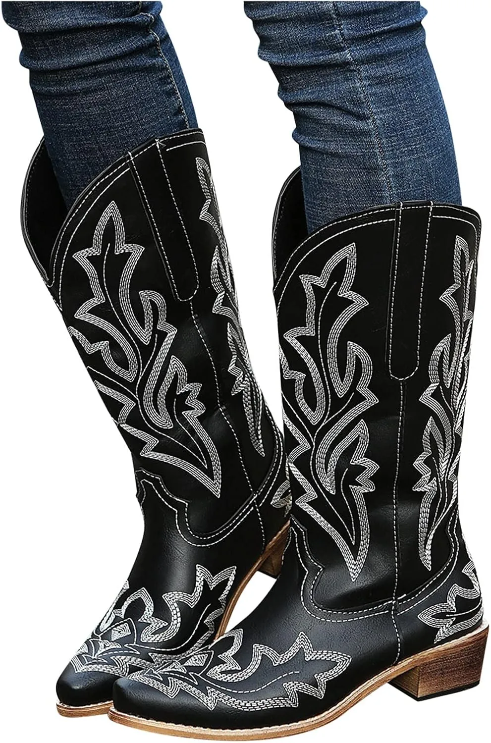 Cathalem Cowboy Boots for Women Cowgirl Boots Square Toe Mid Calf Western Boots Ladies Fashion Boots with Chunky Heel