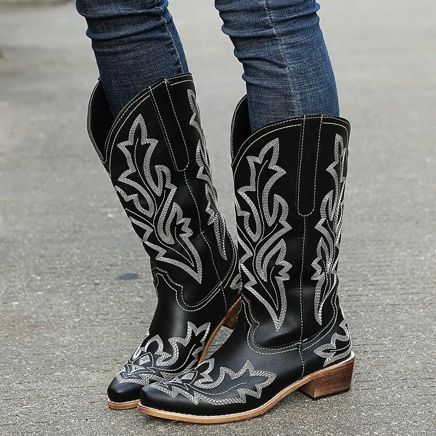Cathalem Cowboy Boots for Women Cowgirl Boots Square Toe Mid Calf Western Boots Ladies Fashion Boots with Chunky Heel
