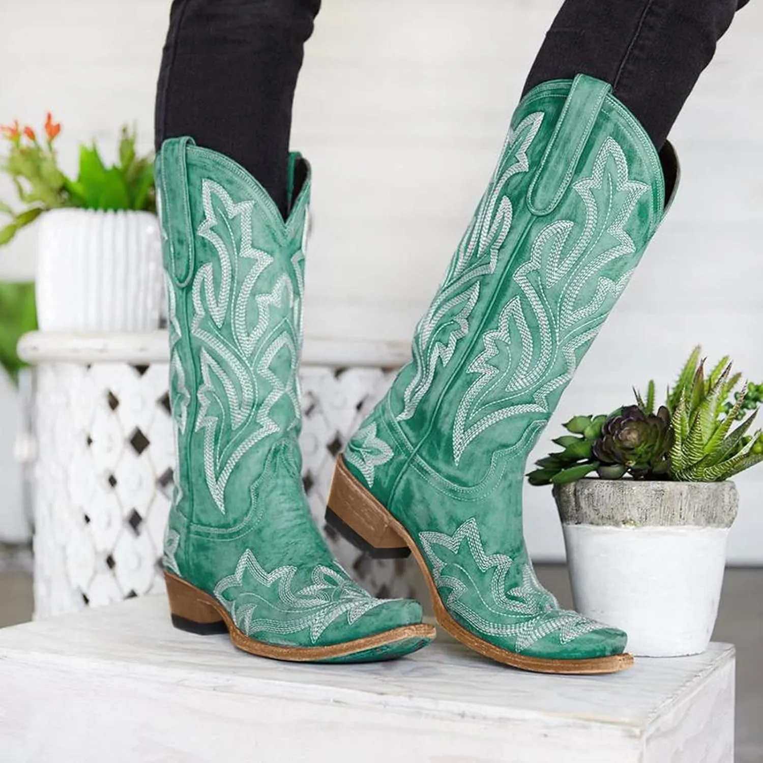 Cathalem Cowboy Boots for Women Cowgirl Boots Square Toe Mid Calf Western Boots Ladies Fashion Boots with Chunky Heel