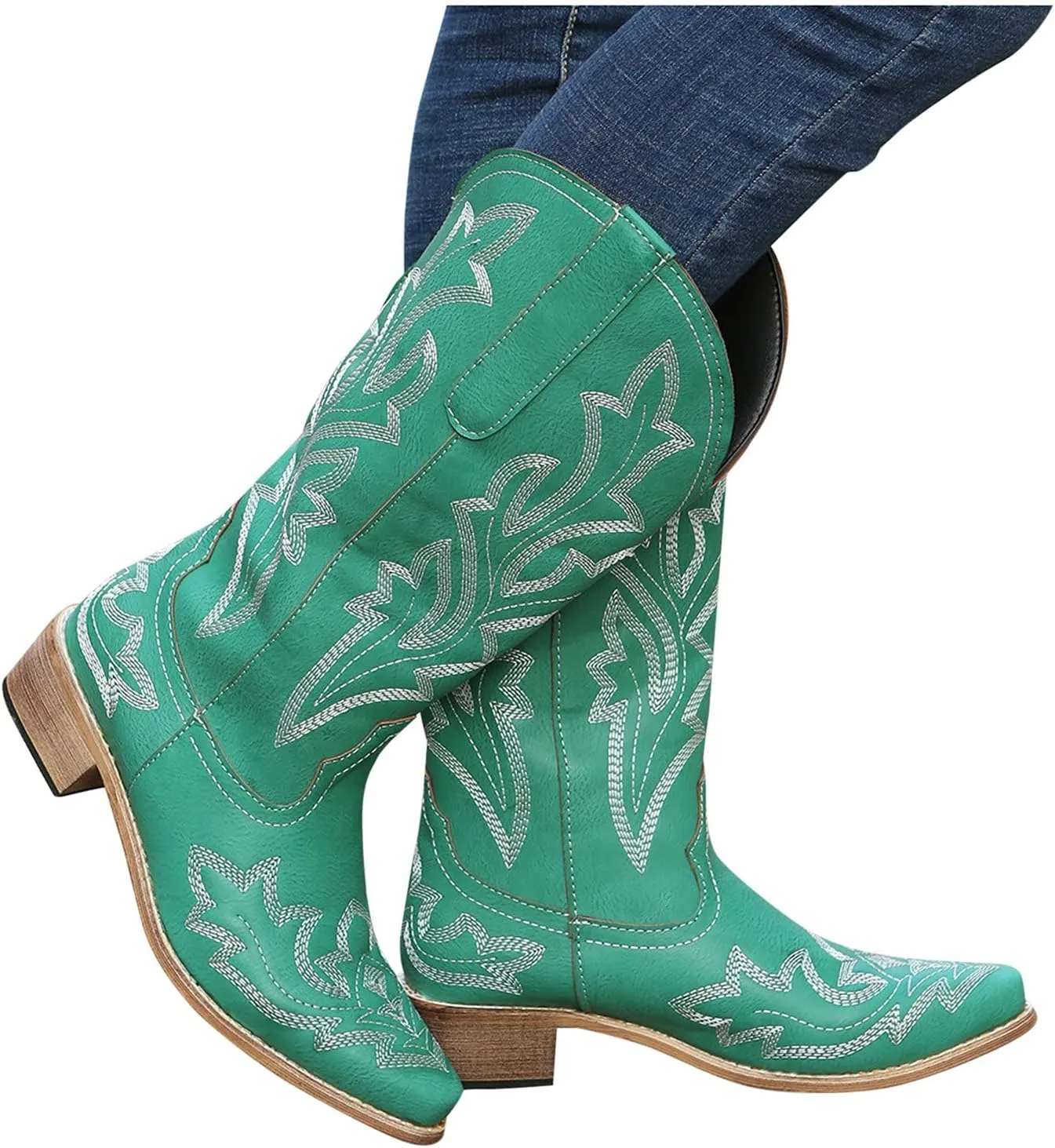 Cathalem Cowboy Boots for Women Cowgirl Boots Square Toe Mid Calf Western Boots Ladies Fashion Boots with Chunky Heel