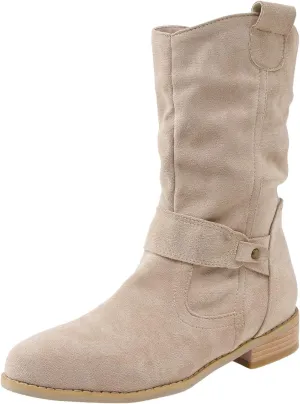 Cathalem Cowboy Boots for Women Flat Boots Wide Width Boots Mid Calf Slouchy Round Toe Suede Ankle Booties Winter Dressy Shoes