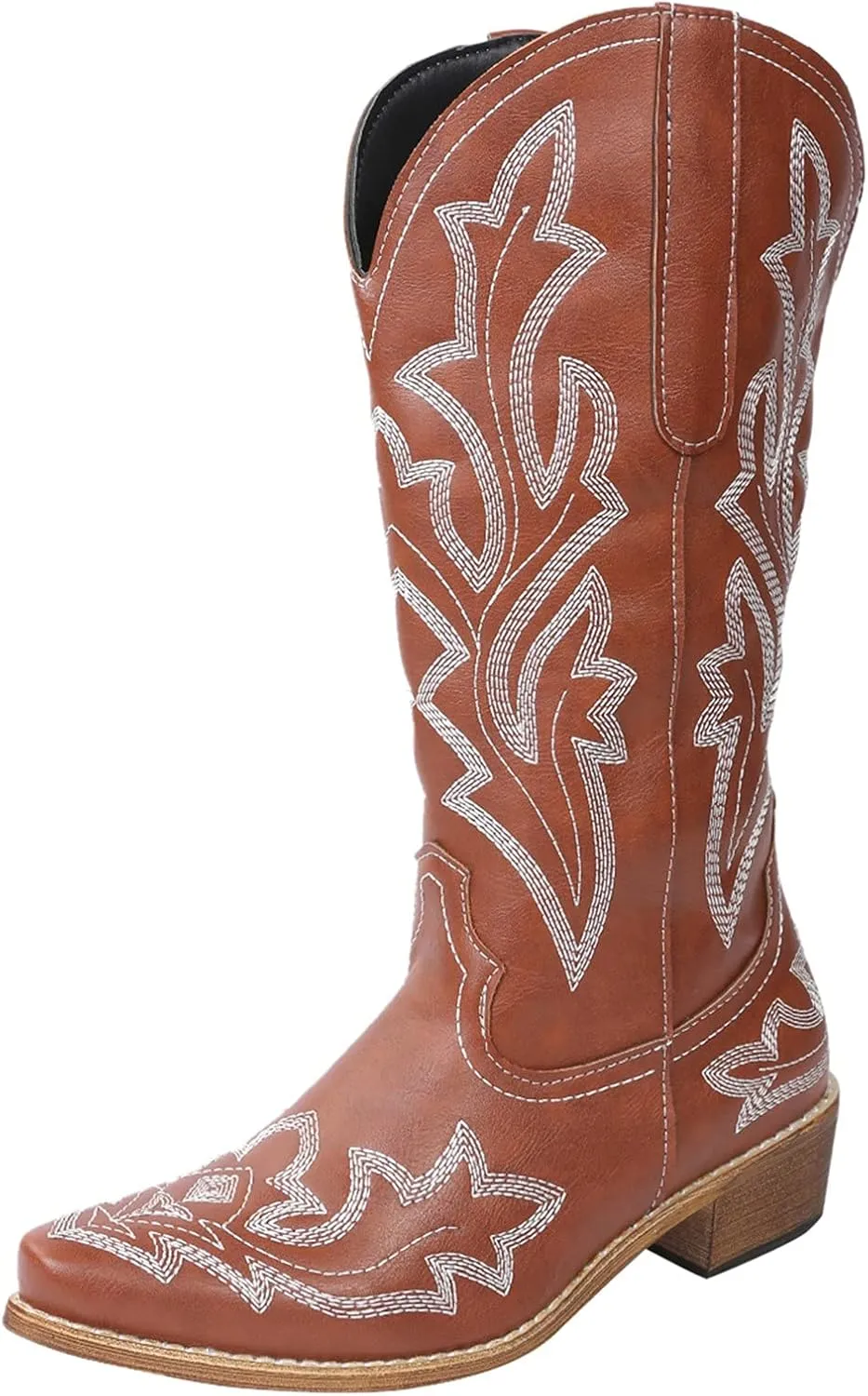 Cathalem Cowboy Boots for Women Mid Calf Cowgirl Boots Square Toe Chunky Heel Embroidery Stitched Western Boots