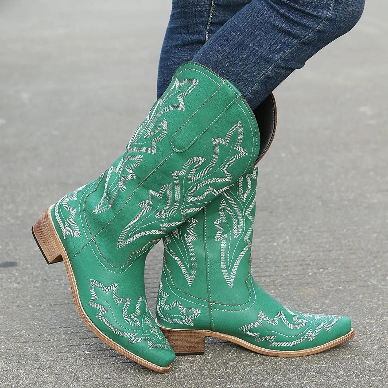 Cathalem Cowboy Boots for Women Mid Calf Cowgirl Boots Square Toe Chunky Heel Embroidery Stitched Western Boots