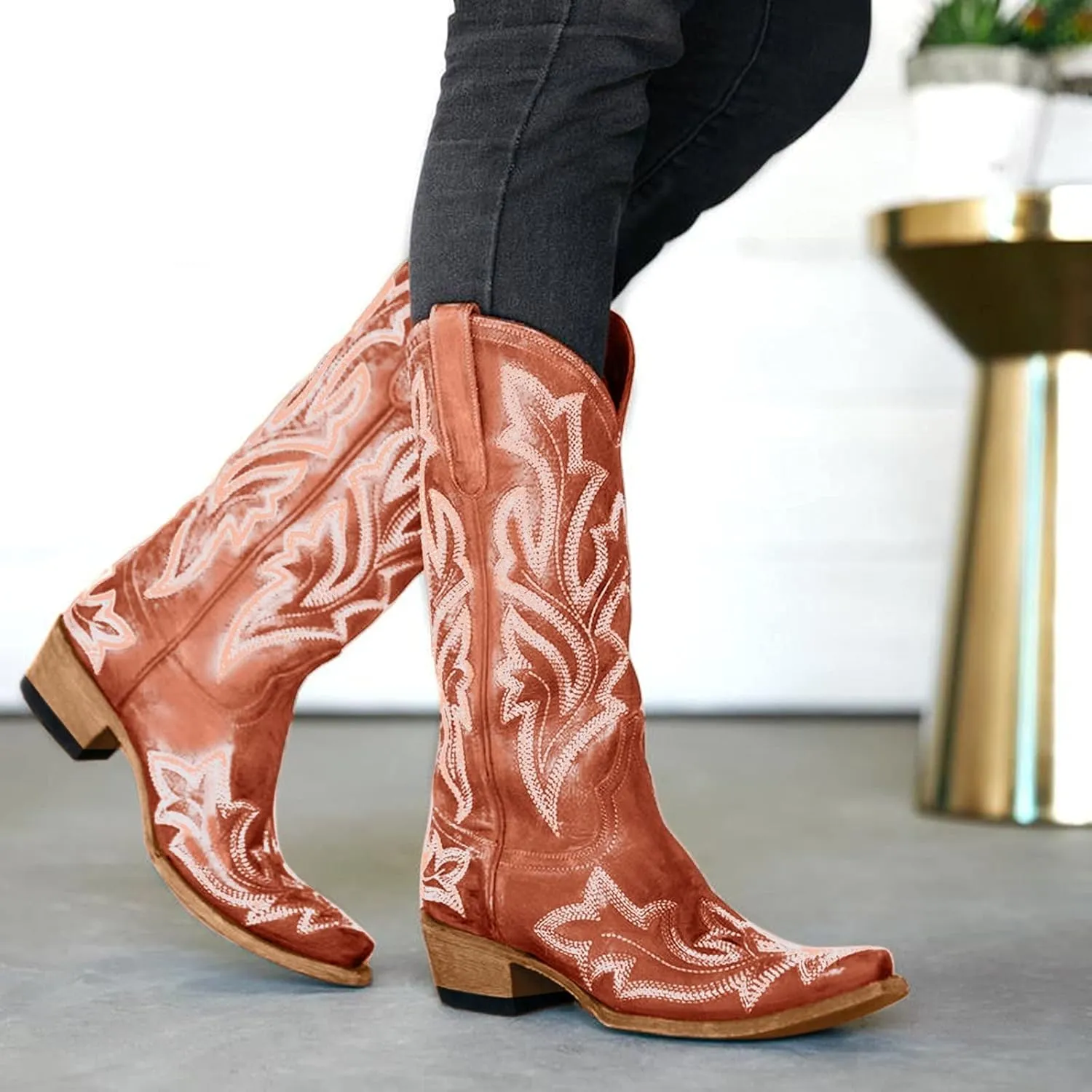 Cathalem Cowboy Boots for Women Mid Calf Cowgirl Boots Square Toe Chunky Heel Embroidery Stitched Western Boots