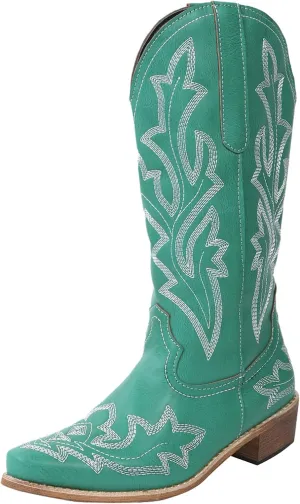 Cathalem Cowboy Boots for Women Mid Calf Cowgirl Boots Square Toe Chunky Heel Embroidery Stitched Western Boots