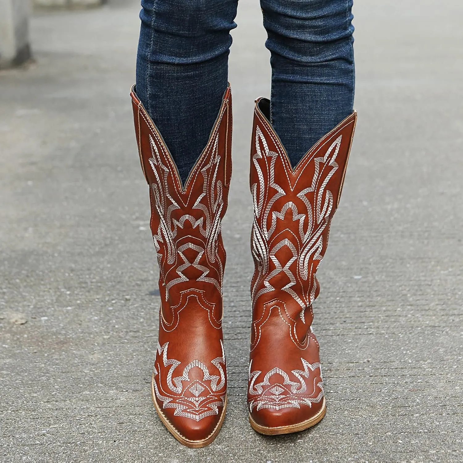 Cathalem Cowboy Boots for Women Mid Calf Cowgirl Boots Square Toe Chunky Heel Embroidery Stitched Western Boots
