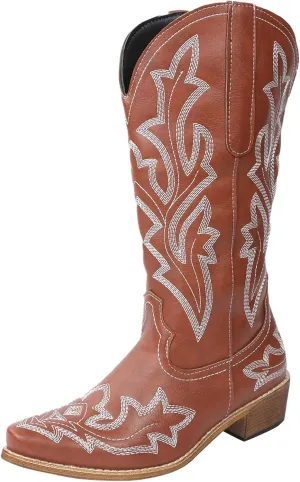 Cathalem Cowboy Boots for Women Mid Calf Cowgirl Boots Square Toe Chunky Heel Embroidery Stitched Western Boots