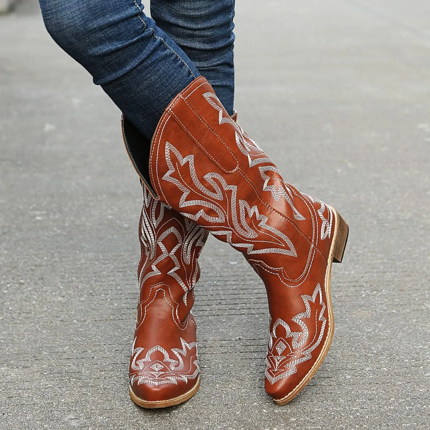 Cathalem Cowboy Boots for Women Mid Calf Cowgirl Boots Square Toe Chunky Heel Embroidery Stitched Western Boots