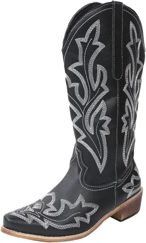 Cathalem Cowboy Boots for Women Mid Calf Cowgirl Boots Square Toe Chunky Heel Embroidery Stitched Western Boots