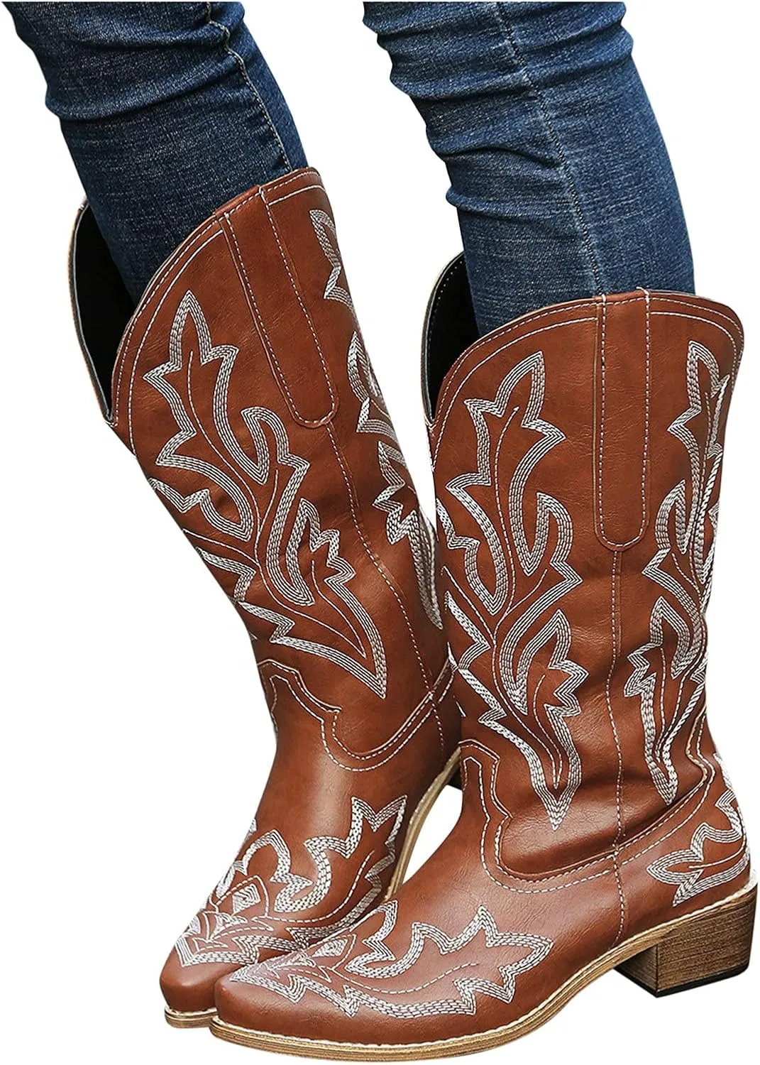 Cathalem Cowboy Boots for Women Mid Calf Cowgirl Boots Square Toe Chunky Heel Embroidery Stitched Western Boots