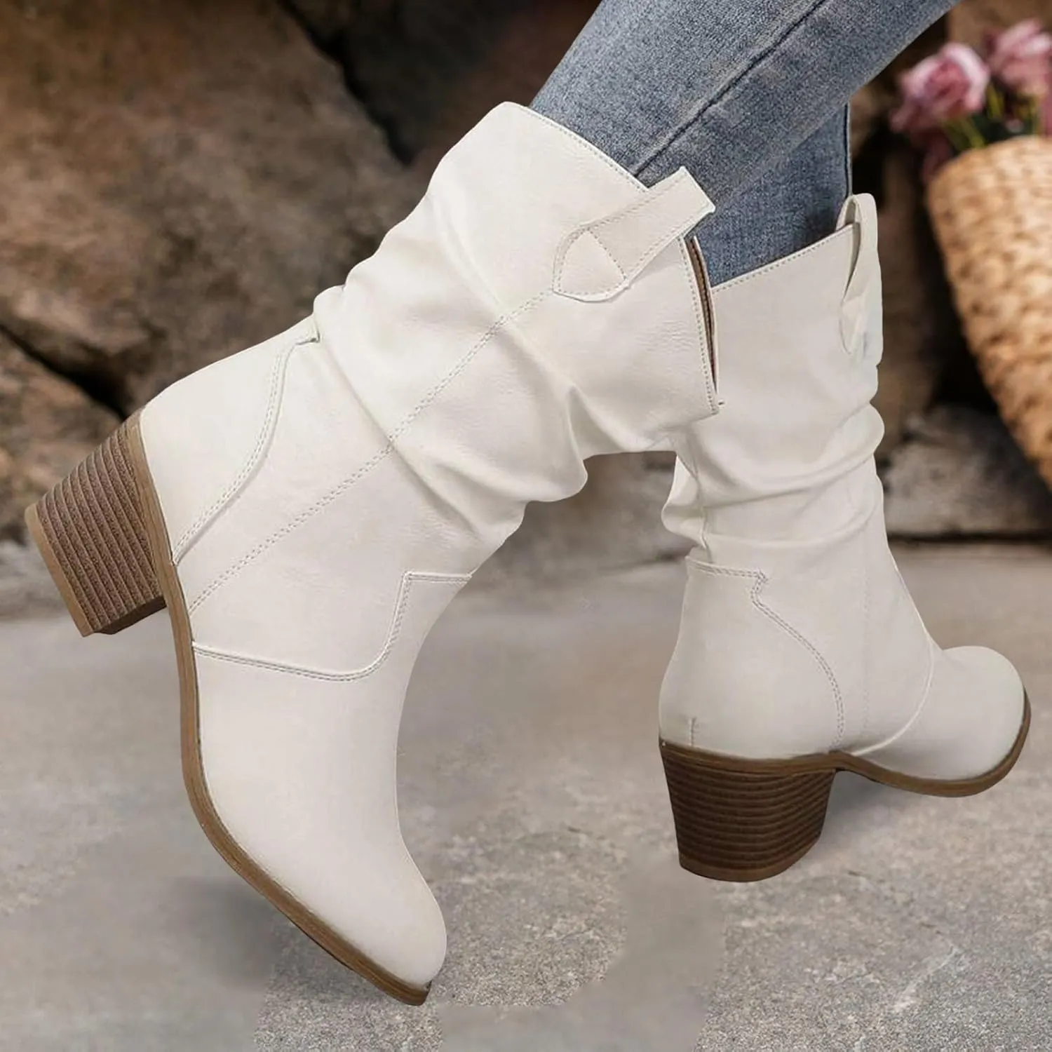 Cathalem Cowboy Boots for Women Mid Calf Modern Round toe Chunky Heel Cowgirl Ankle Boots with Pull On Tabs Country Boots