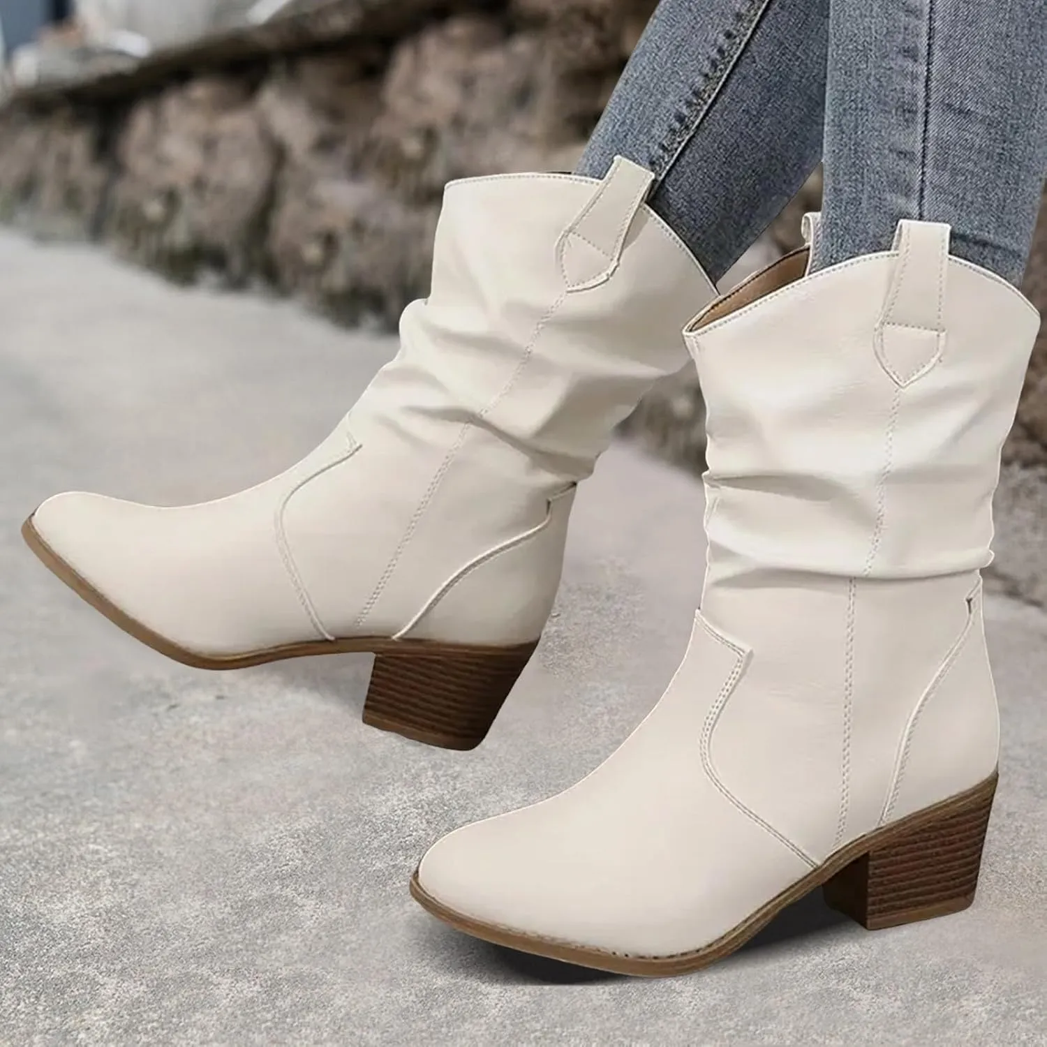 Cathalem Cowboy Boots for Women Mid Calf Modern Round toe Chunky Heel Cowgirl Ankle Boots with Pull On Tabs Country Boots
