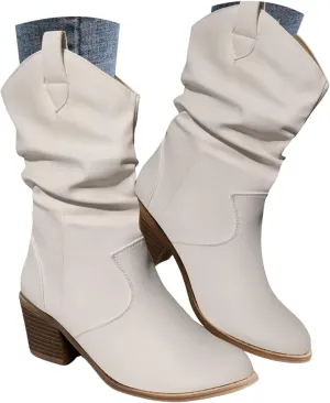 Cathalem Cowboy Boots for Women Mid Calf Modern Round toe Chunky Heel Cowgirl Ankle Boots with Pull On Tabs Country Boots