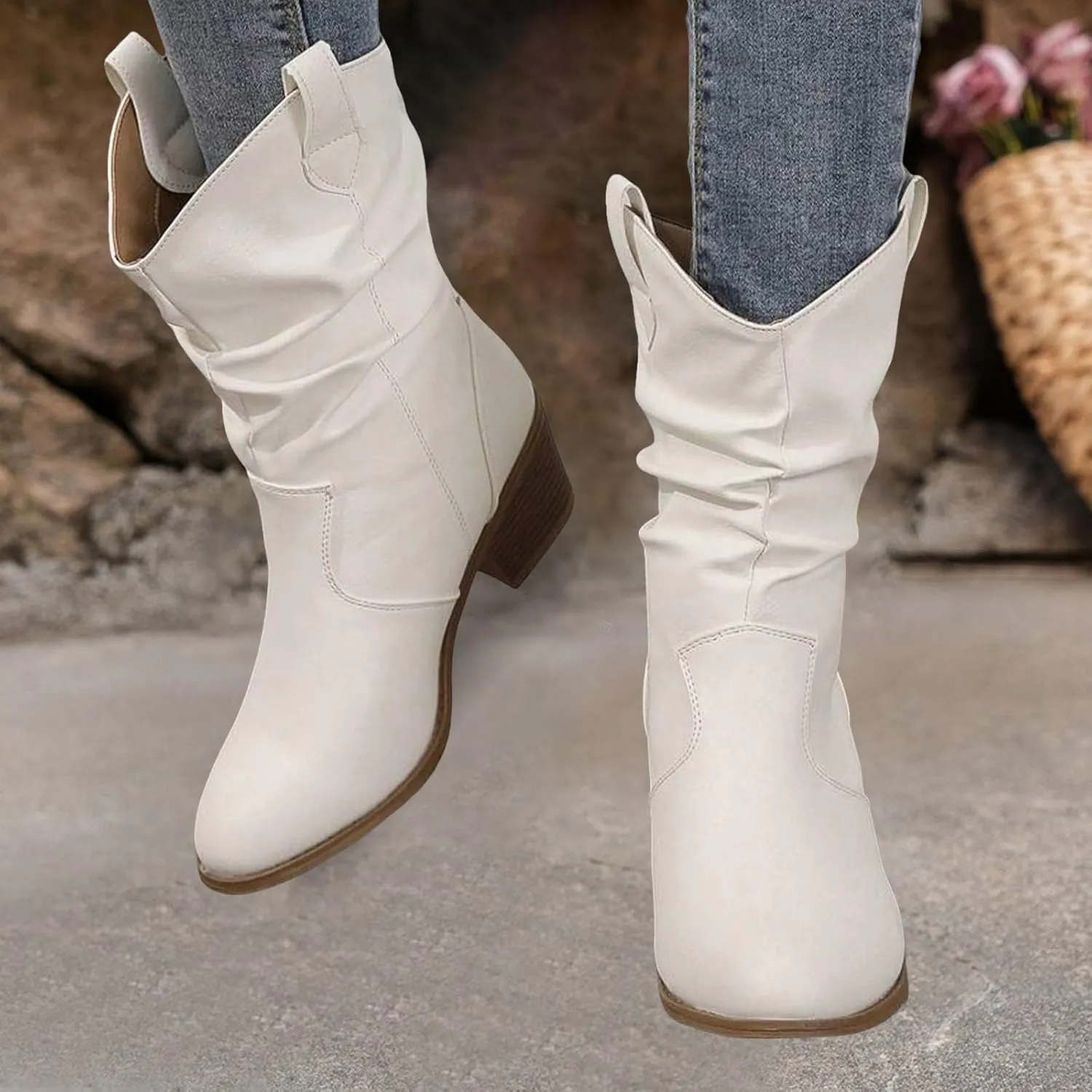 Cathalem Cowboy Boots for Women Mid Calf Modern Round toe Chunky Heel Cowgirl Ankle Boots with Pull On Tabs Country Boots