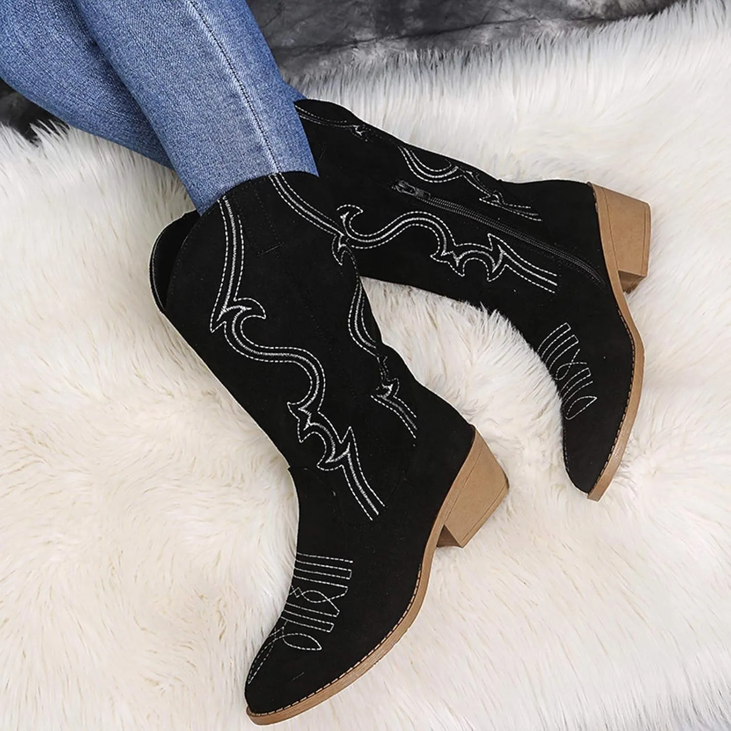 Cathalem Cowboy Boots for Women Mid CalfWestern Boots Women Wide Calf Embroidered Round Toe Square Heel Cowgirl Cowboy Boots