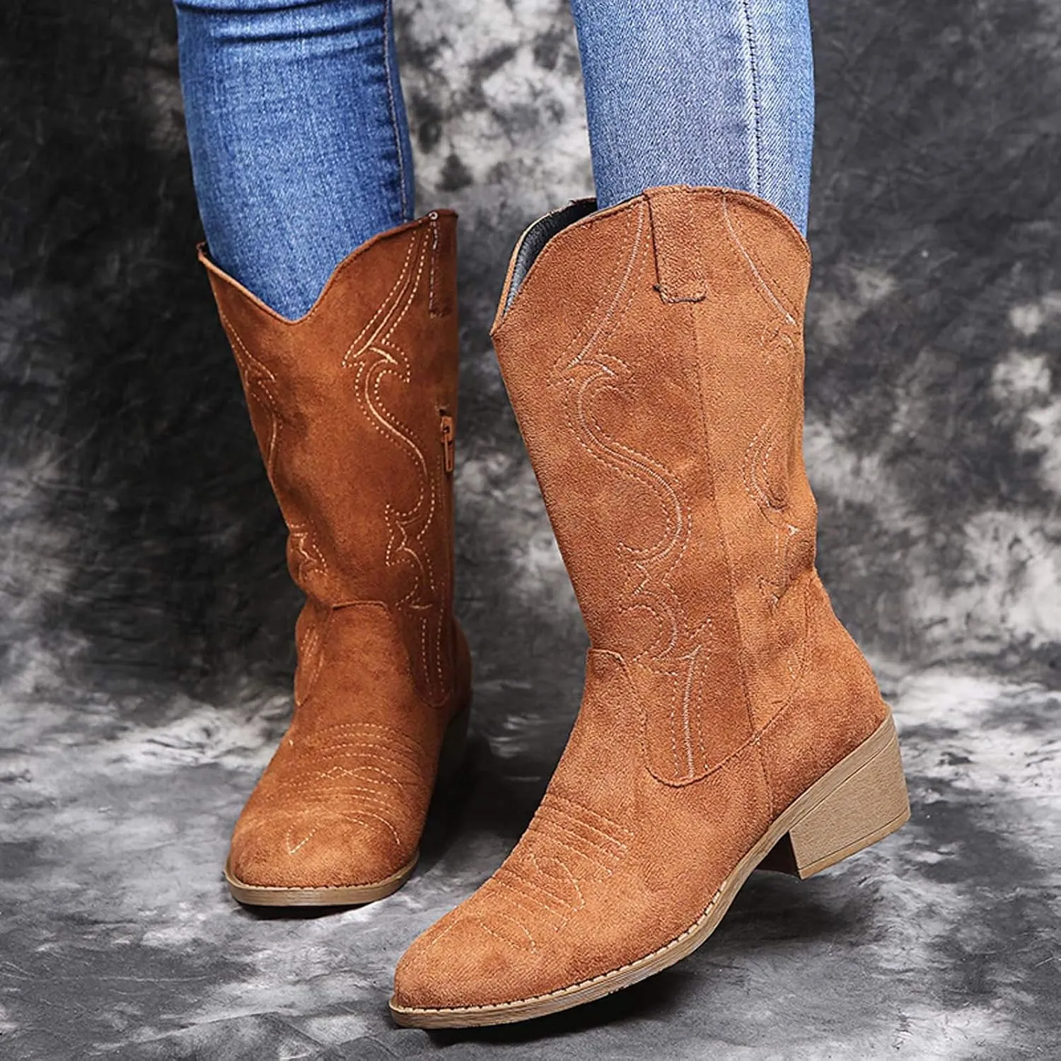 Cathalem Cowboy Boots for Women Mid CalfWestern Boots Women Wide Calf Embroidered Round Toe Square Heel Cowgirl Cowboy Boots