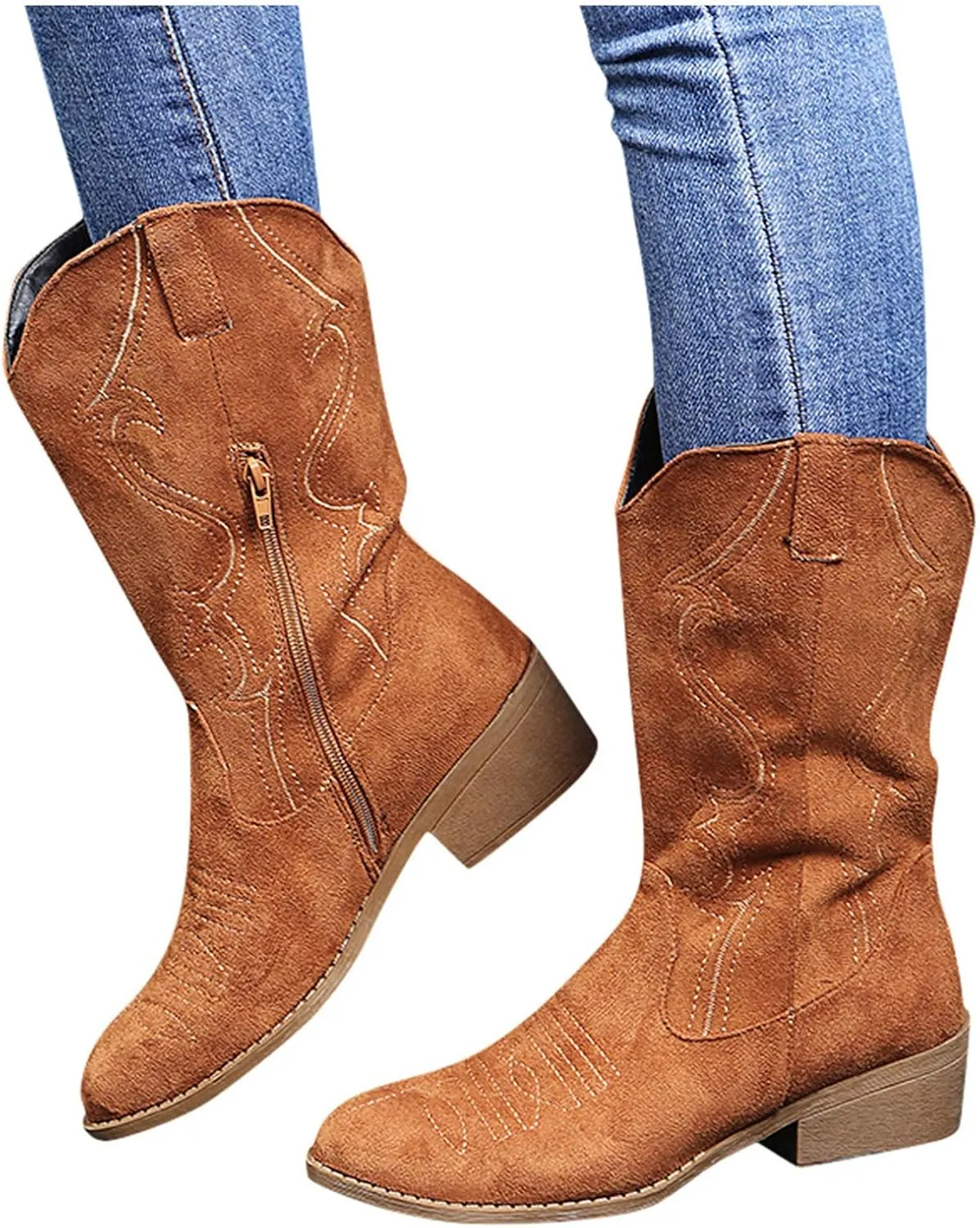 Cathalem Cowboy Boots for Women Mid CalfWestern Boots Women Wide Calf Embroidered Round Toe Square Heel Cowgirl Cowboy Boots